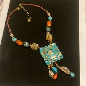 Bo Ho Beaded Necklace With Metal Pendant In Turquoise And Gold